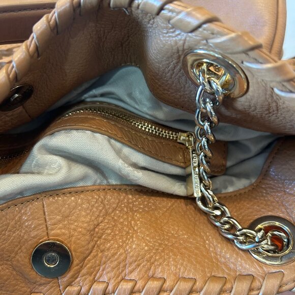 Tory Burch "Marion" Cognac Brown Pebbled Leather Large Slouchy Shopper Tote - Picture 15 of 16